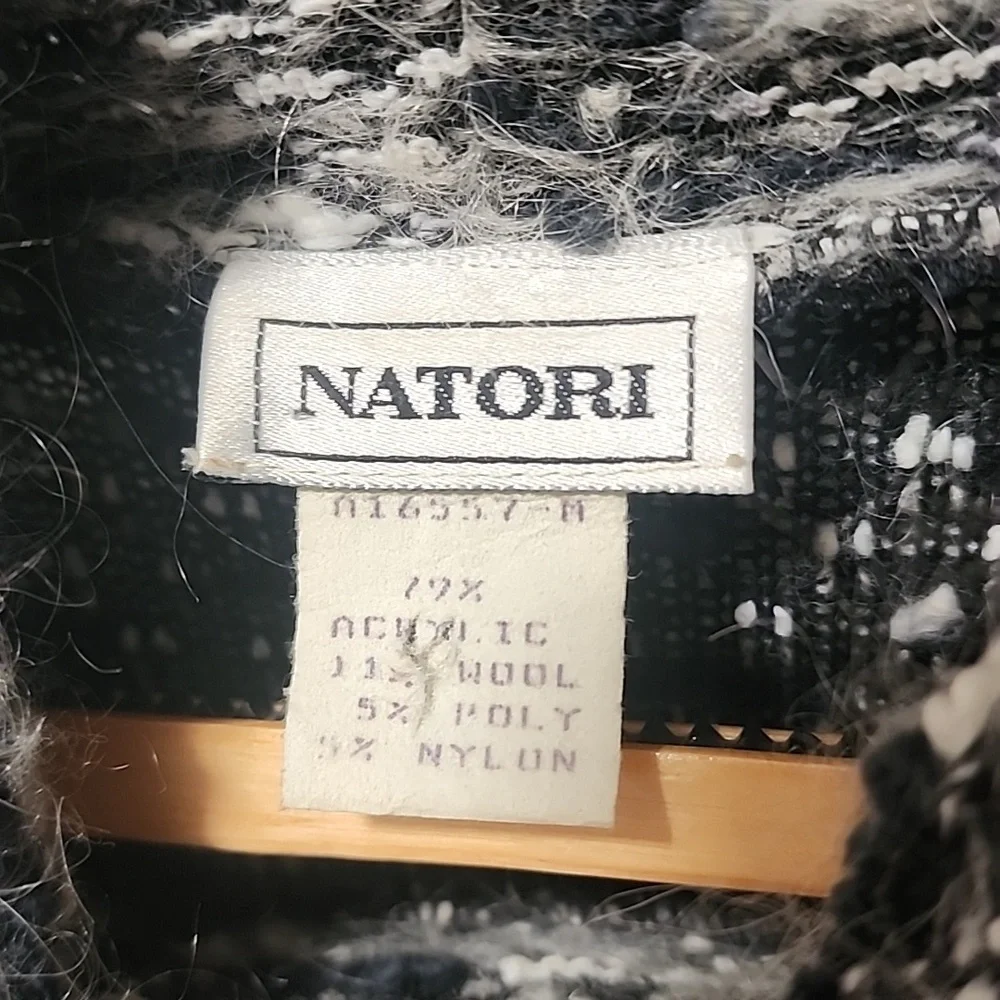 NATORI VINTAGE Fuzzy Wool Sweater 1X Mock Neck Black White Nylon Tunic Length - Picture 9 of 15